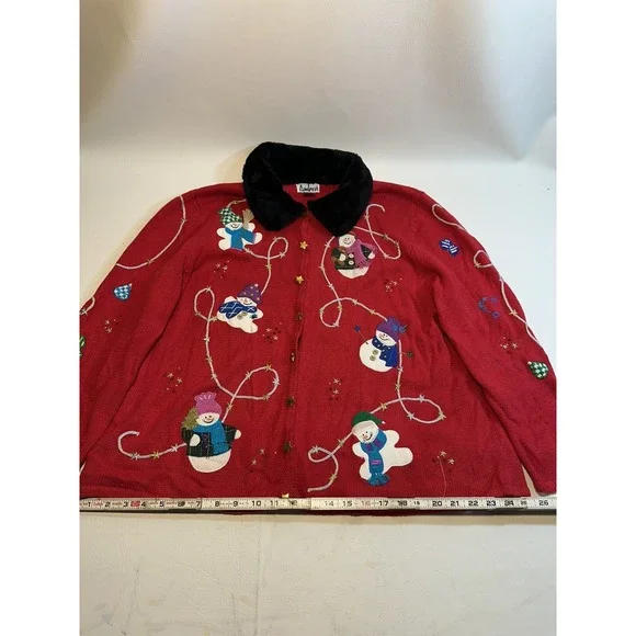 AMBRA HO HO HO SNOWMAN CARDIGAN 2XL CHRISTMAS SWEATER PARTY RED VINTAGE FUR - Picture 12 of 16